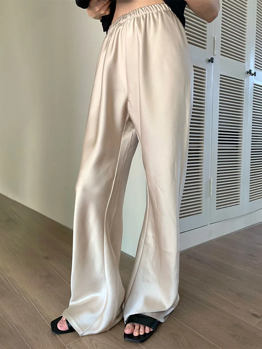 Calça casual de cetim monocromática feminina, cintura alta, calça reta simples que combina com tudo, calça feminina elegante na moda, nova, verão, 2024