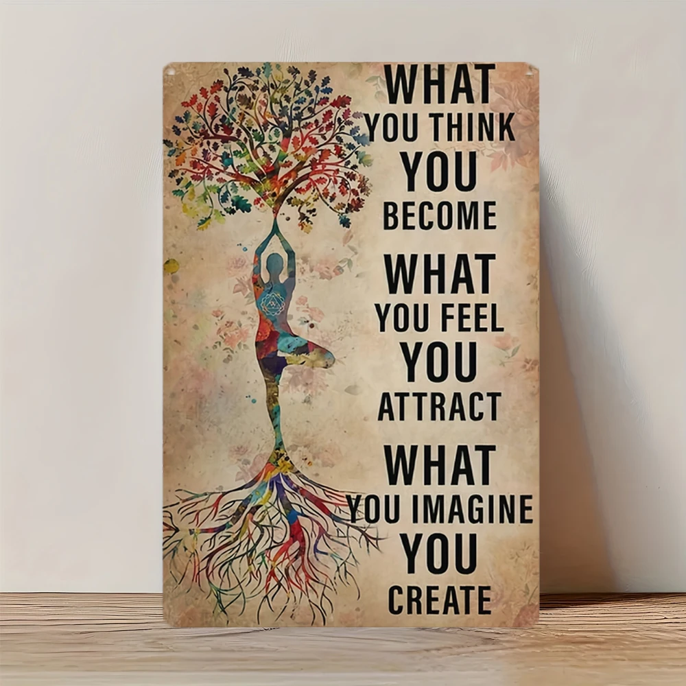 Décoration murale en métal 2D plate, style vintage, citation inspirante de yoga « Ce que vous pensez devenir, vous deviendrez », pour les passionnés de yoga, décoration zen pour la maison