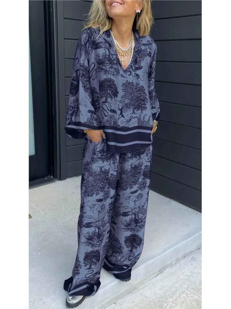 Camisa de manga larga para mujer, traje informal holgado con estampado Vintage y cuello en V, pantalones de pierna ancha, conjunto de 2 piezas para