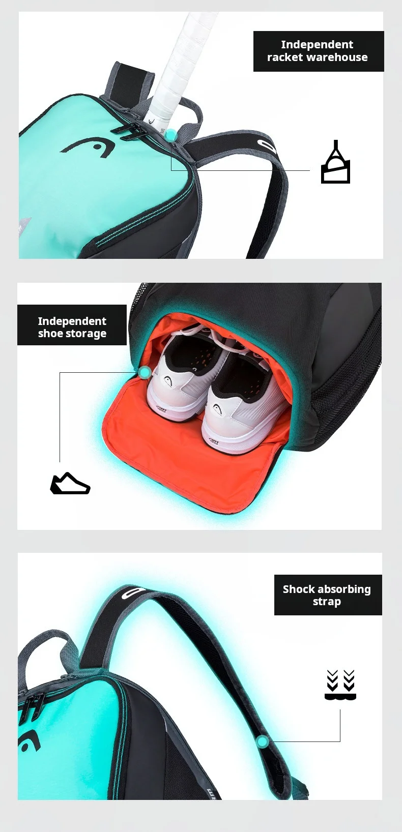 HEAD Tennisschläger-Rucksack Neu für Herren und Damen Tour Team Serie Professionelle Doppelschulter-Tennistasche – Detail 2
