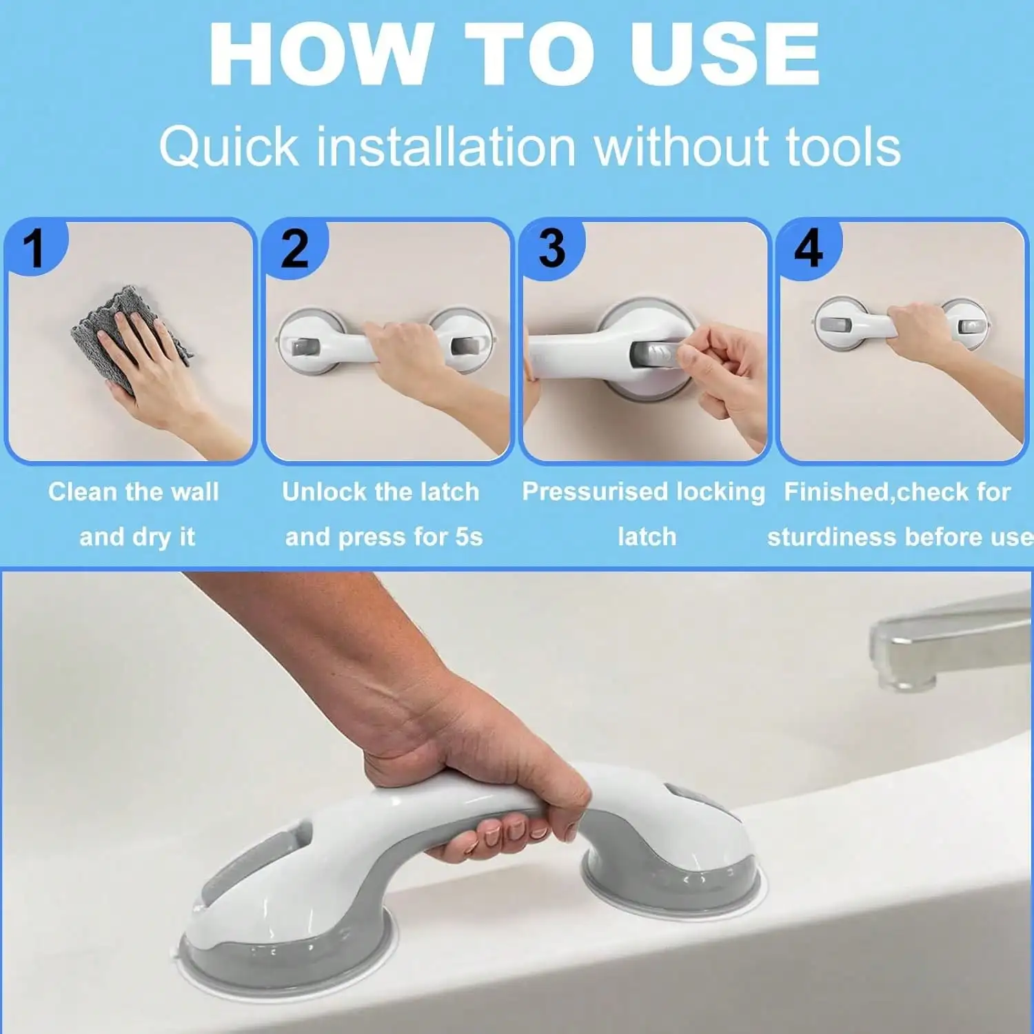 2/1pcs Shower Handles For Elderly Suction Seniors Cup 12 Inch Grey Grab Bar Safety Rail For Bathtubs Showers Bathroom Walls Tub Toilet With Strong Hold Grip Elderly