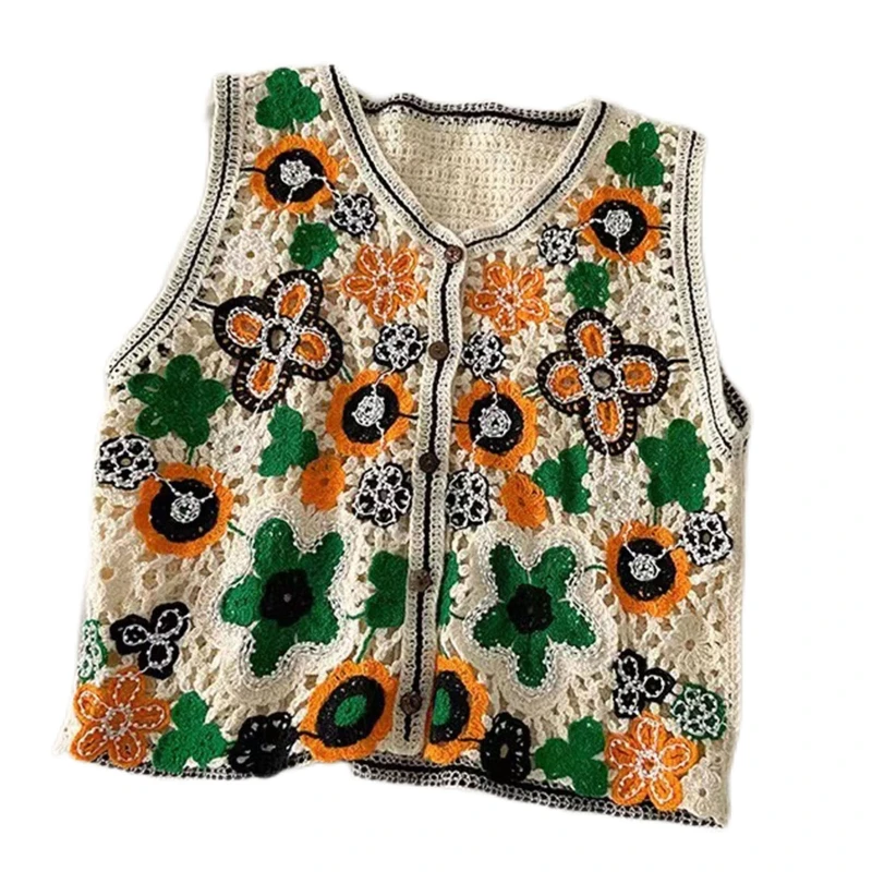 Women Vintage Hollow Crochet Knit Vest Waistcoat Ethnic Beaded Embroidery Colorful Floral Sleeveless Crop Cardigan for JACKET