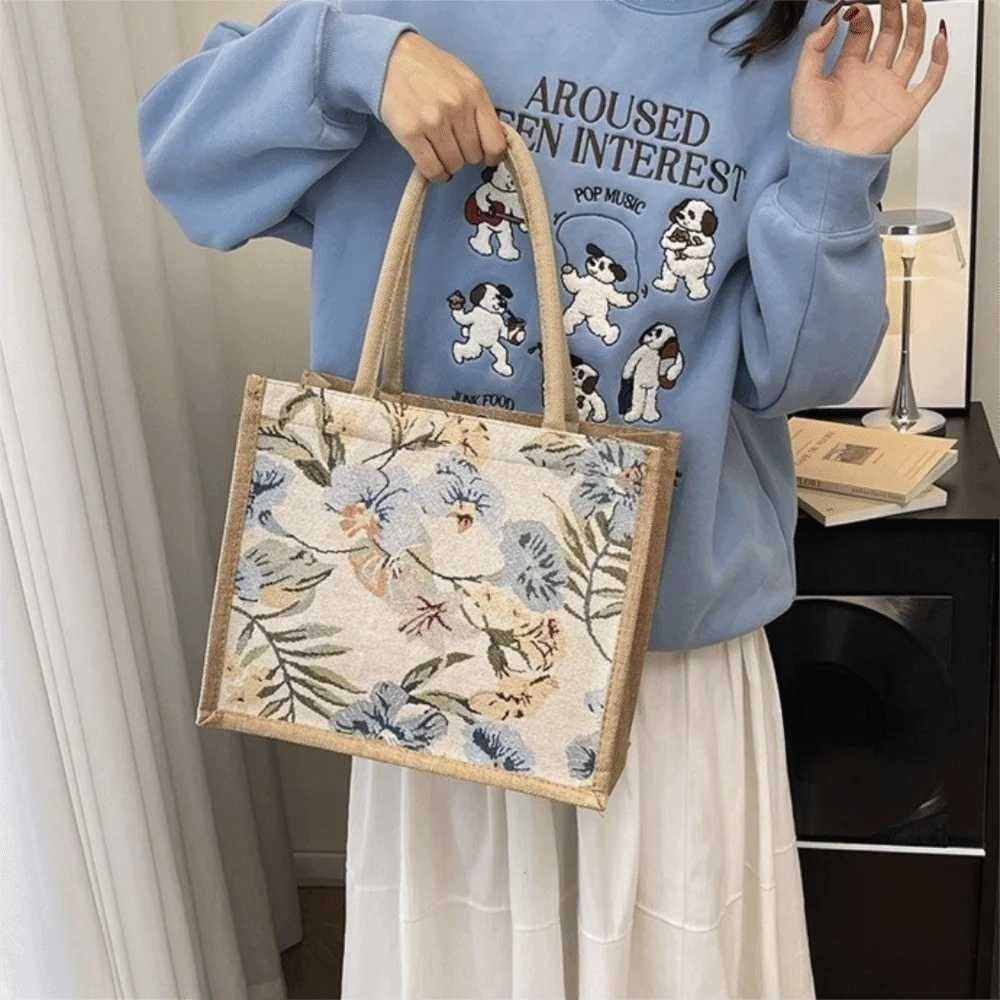 

Large Capacity Ethnic Style Handbag Flower Tote Bag Floral Pattern Shoulder Bag Canvas Shoulder Bags Geometric Cloth Bag Girls
