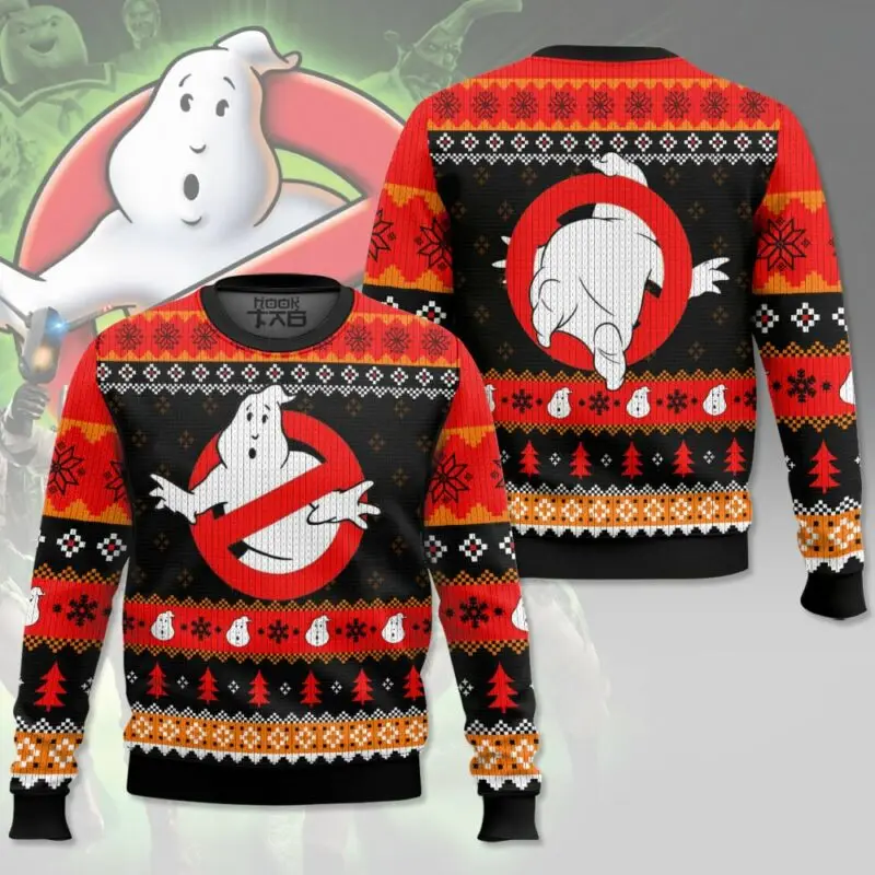 

Ghostbusters Ugly Christmas Sweater Prohibited Ghosts Humorous and Mocking Nordic Style Festive Atmosphere Loose Round Neck