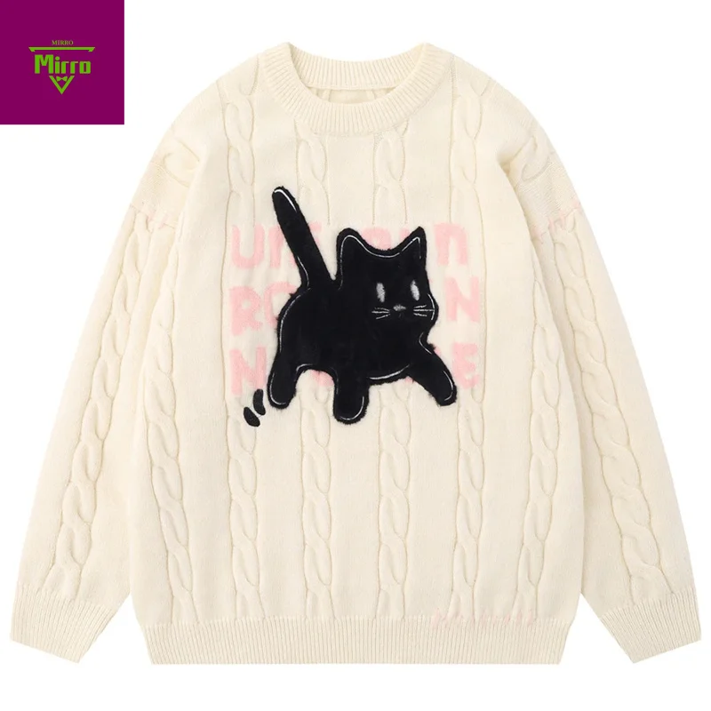 

Негабаритные свитера Y2K, мужские свитера с рисунком кота в стиле хип-хоп в стиле Харадзюку, вязаные джемперы, уличная одежда, свободные повседневные бежевые свитера, трикотаж