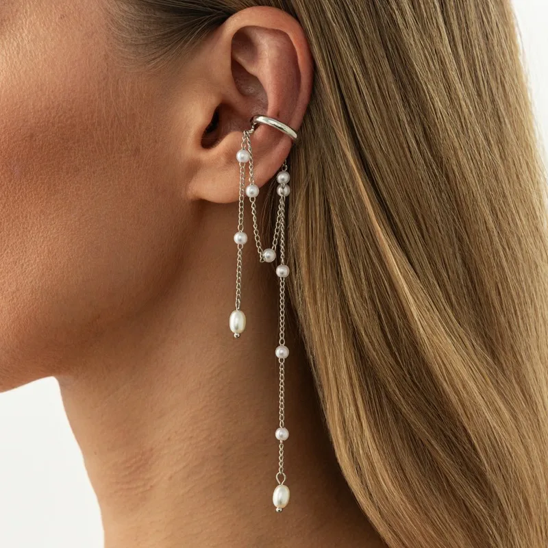 Imitationsperlen-Metallketten-Ohrringe mit langen Quasten, C-förmig, ohne Ohrloch, Ohrklemme für Damen, temperamentvolle Clip-Ohrringe, koreanischer Schmuck