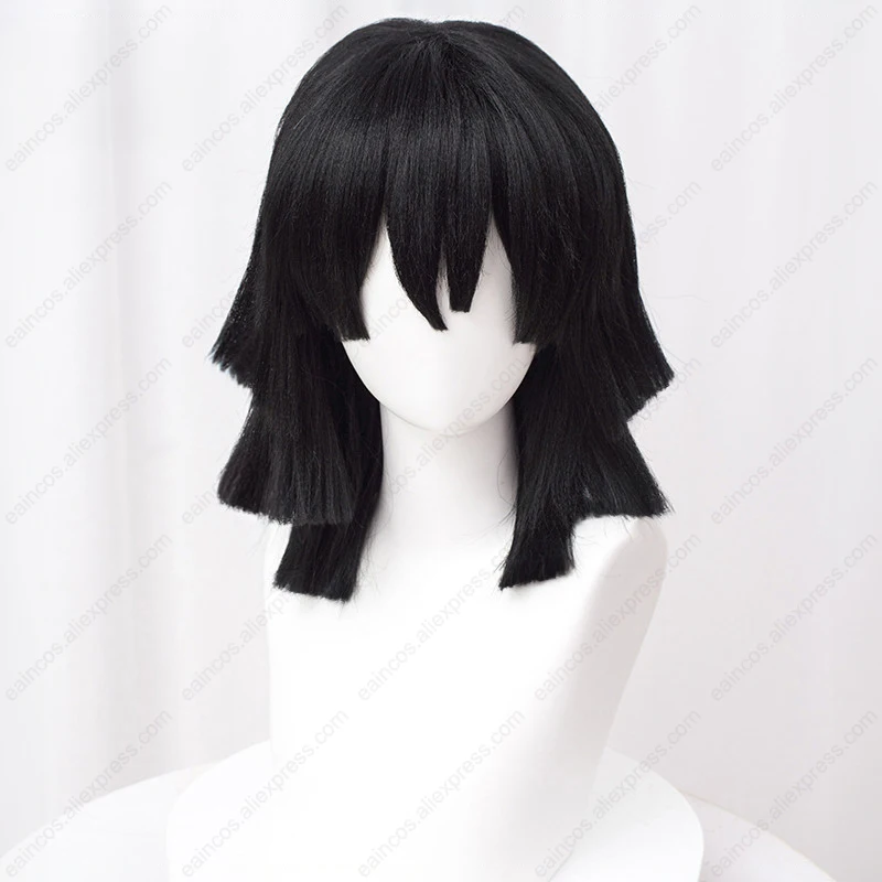 Peruca Cosplay Anime Iguro Obanai, Perucas Fofas Negras, Resistente ao Calor, Cabelo Sintético, 40cm