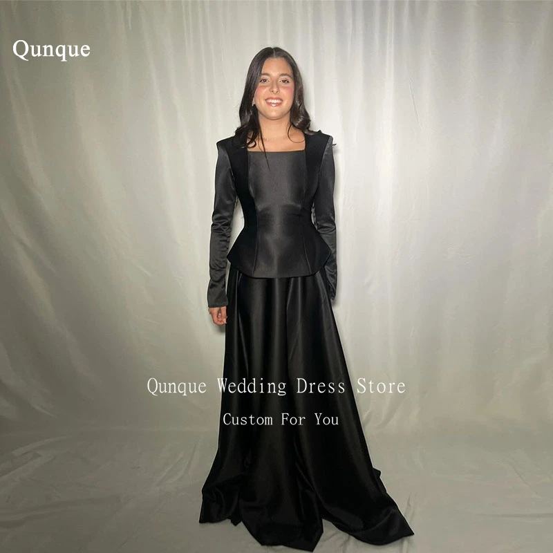 Qunque Black A Line Evening Dress Square Neck Long Sleeves Two Pieces Women Formal Party Prom Gowns Vestidos De Festa Customized