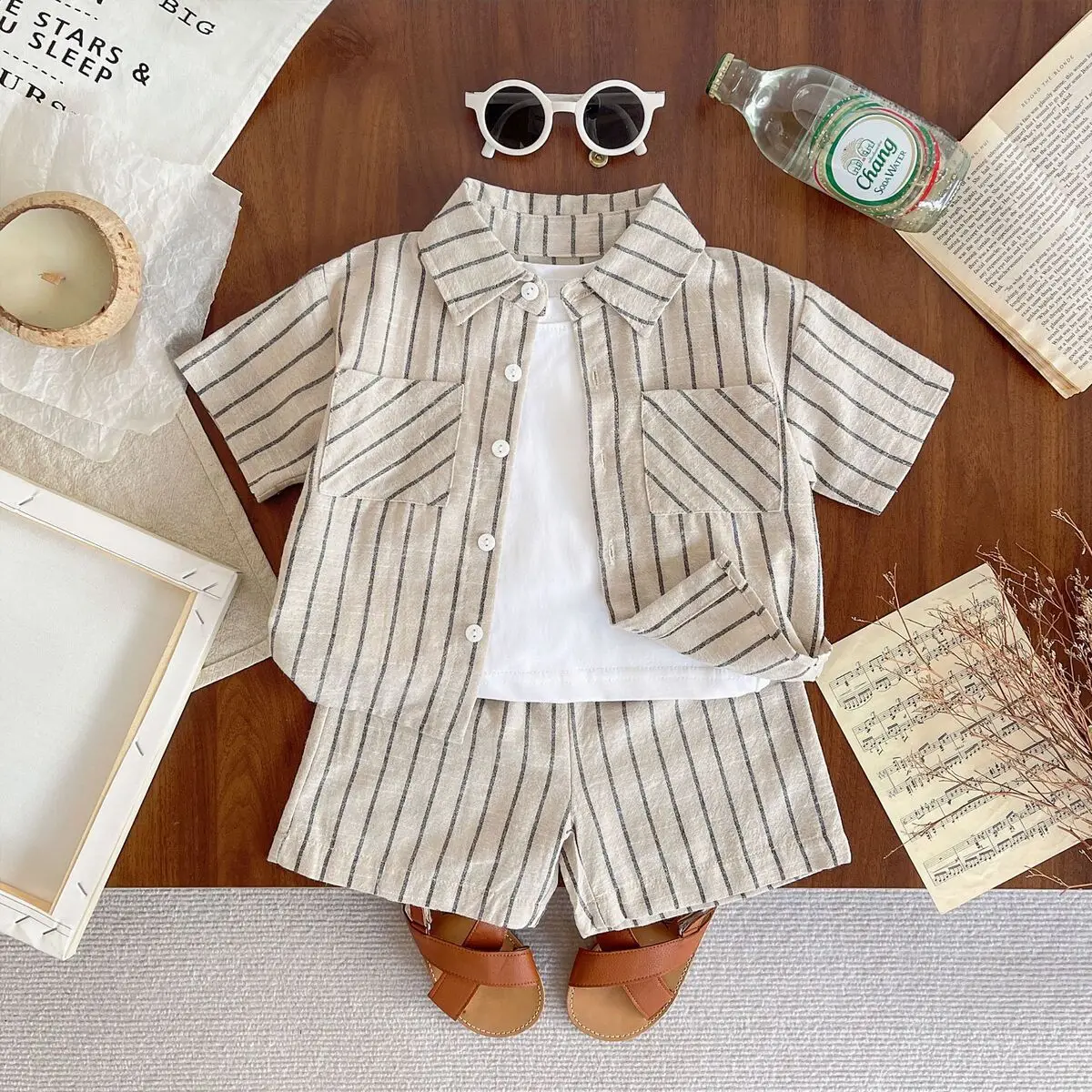 1-5Y Summer Kids Short Sleeve Shirt Clothing Set Striped T-Shirt and Shorts Boys Tracksuit 2 Pcs Suit Childrens Outwear H70-29
