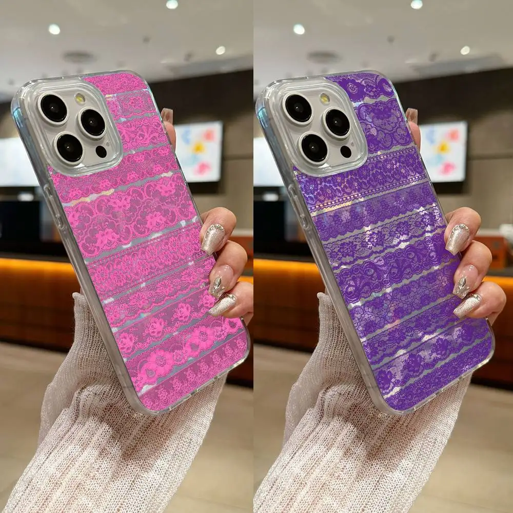 

Fashion Purple Pink Black Lace Print Phone Case For iPhone 16,15,14,13,12,11 Plus,Pro,Max,Plus,SE4,E Transparent Satin Cover
