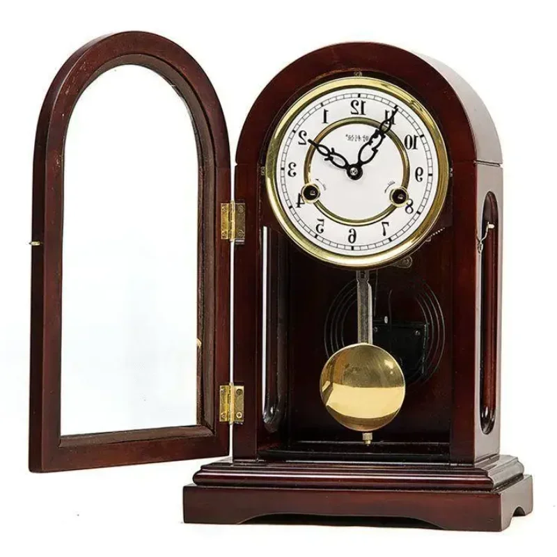 Retro Desk Clock Chime Mechanical Desktop Watches Wooden Living Room Pendulum Clock Pure Copper Interior Accessories Decoration