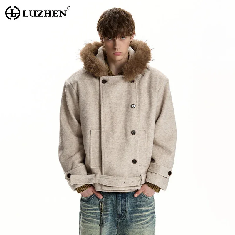 

Мужская зимняя куртка LUZHEN 2026: однотонная, двубортная, с капюшоном, из искусственного меха и шерсти, высокое качество, модная, стильная одежда JY6130