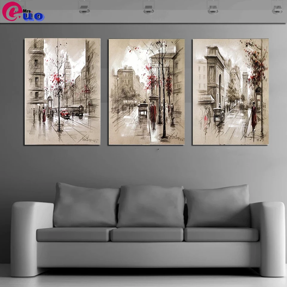 DIY Diamond Painting Full Square Round Triptych European Town 5D Embroidery Mosaic Handmade Walking In The Street Alone Decor