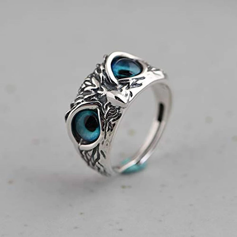 Fashion Vintage Cute Blue Eyes Owl Ring For Men Women Open Rings Silver Color Engagement Wedding Couple Ring Jewelry Gifts