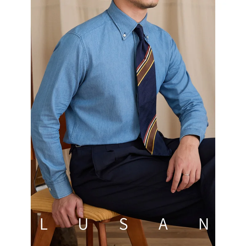 

Mr. Lu San Commuting Italian Style Denim Long Sleeve Shirt100%Cotton Naples Retro Gentleman Shirt Trendy Men
