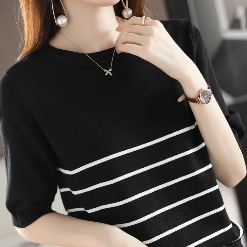 Camiseta de algodón a rayas de estilo minimalista para mujer, Top clásico y versátil para jóvenes, camiseta informal de manga corta con cuello