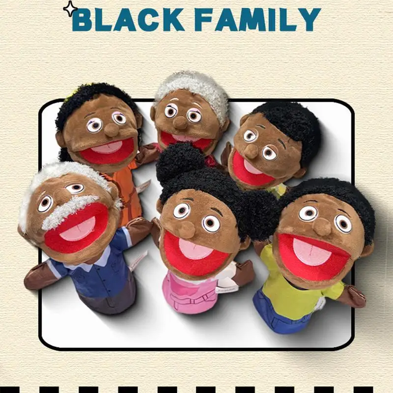 Family Hand Puppet Black Skin Open Mouth Father Mother Son Daughter Glove Kindergarten Educational Teaching Toy Dolls Kids Gifts