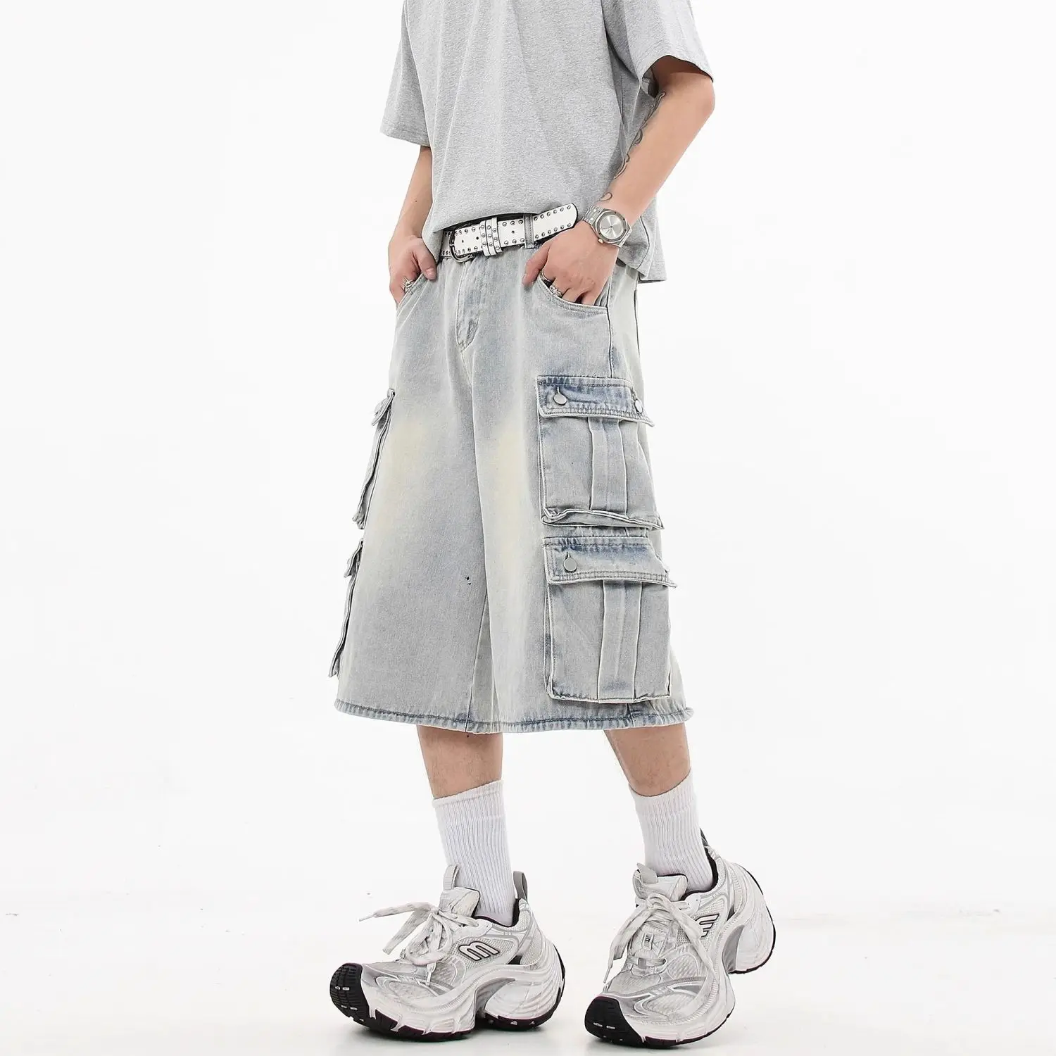 Pants  Trend Pockets Tooling Denim Shorts Men's Summer Thin Loose Retro Seven-point Pants