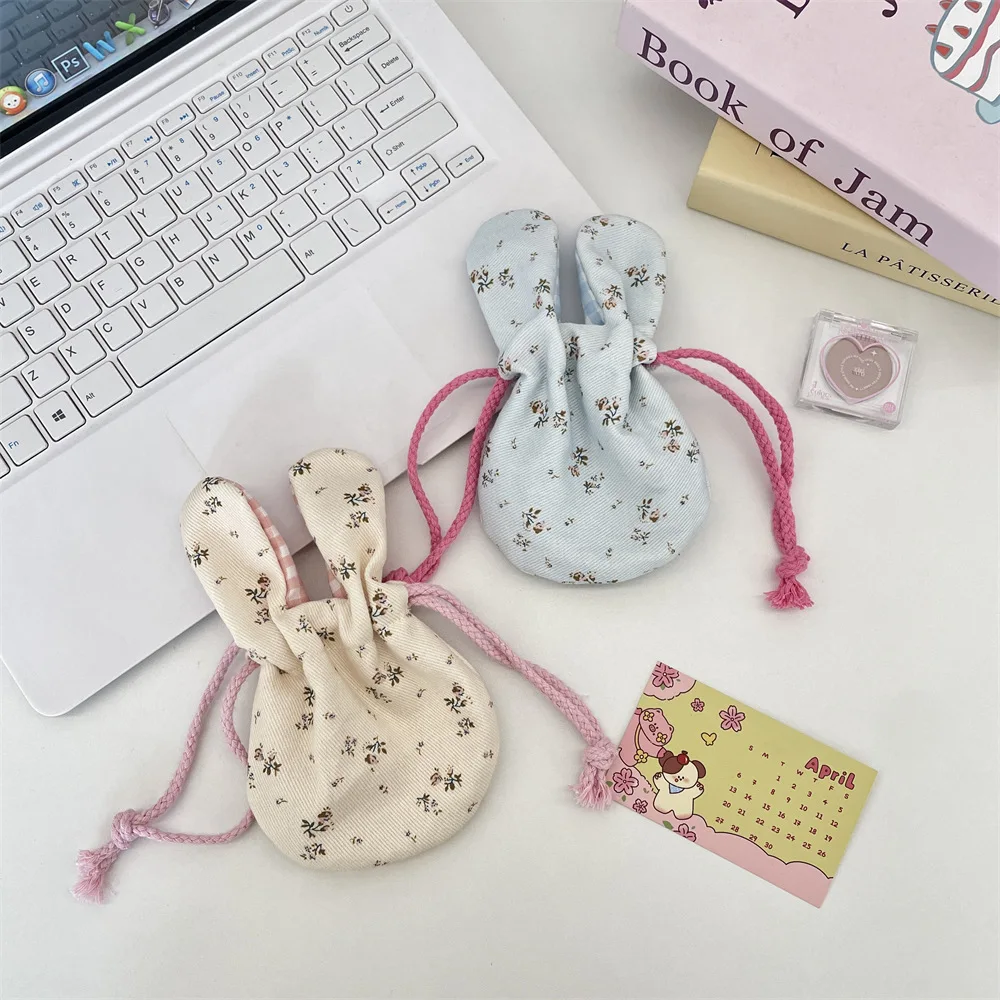 Blumentasche aus Polyester mit Hasenohren, Kordelzug, Schlüsselhalter, Organizer, tragbare Geldbörsen für Frauen, Münzaufbewahrung, Reisen