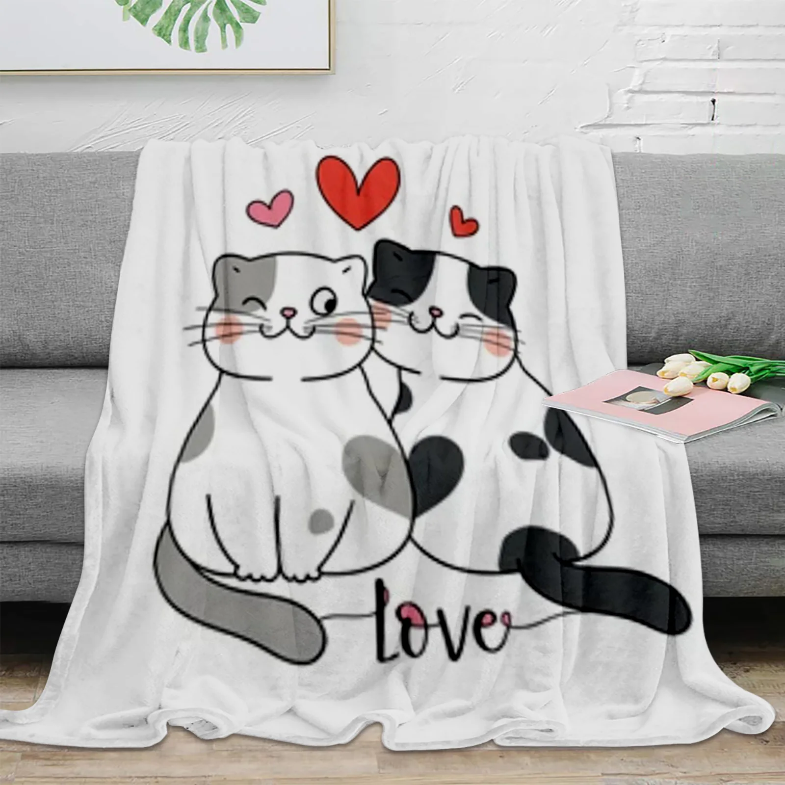 Cats Doodle Cartoon Style Flannel Blanket Warm Soft Sofa Blanket Winter Sheet Bedspread Camping Travel Blanket