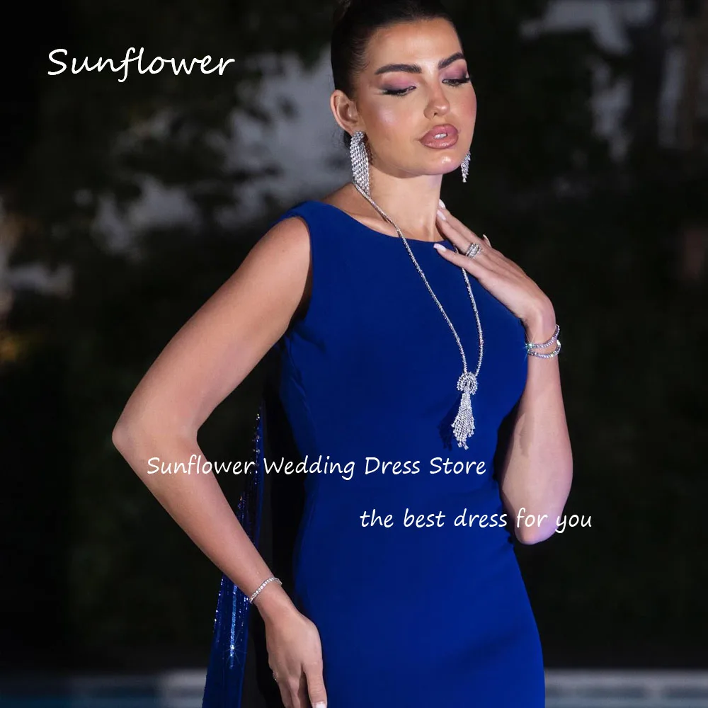 Sunflower Simple Blue O-Neck Crepe Mermaid Prom dress 2024 Slim Beading Long Cope Floor-Length Formal Evening Dress