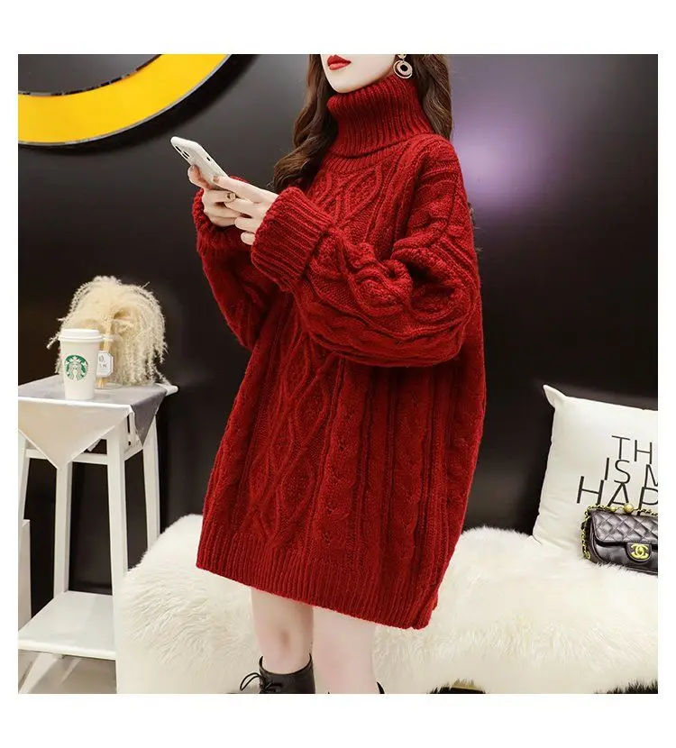 Red High Neck Sweater Women Thickened Mid length Autumn/Winter 2023 New Versatile Loose Thread Bottom Sweater Women Sweater tops