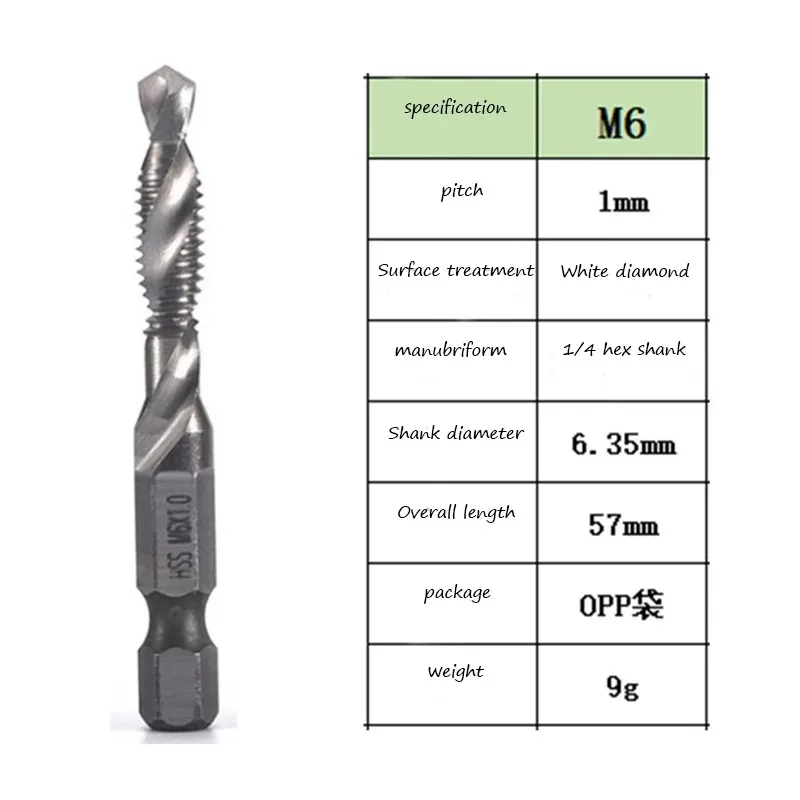 6pcs M3-M10 Screw Tap Drill Bits Hss Taps Countersink Deburr Set Metric Combination Bit High Speed Steel 1/4 IN Quick Change Hex