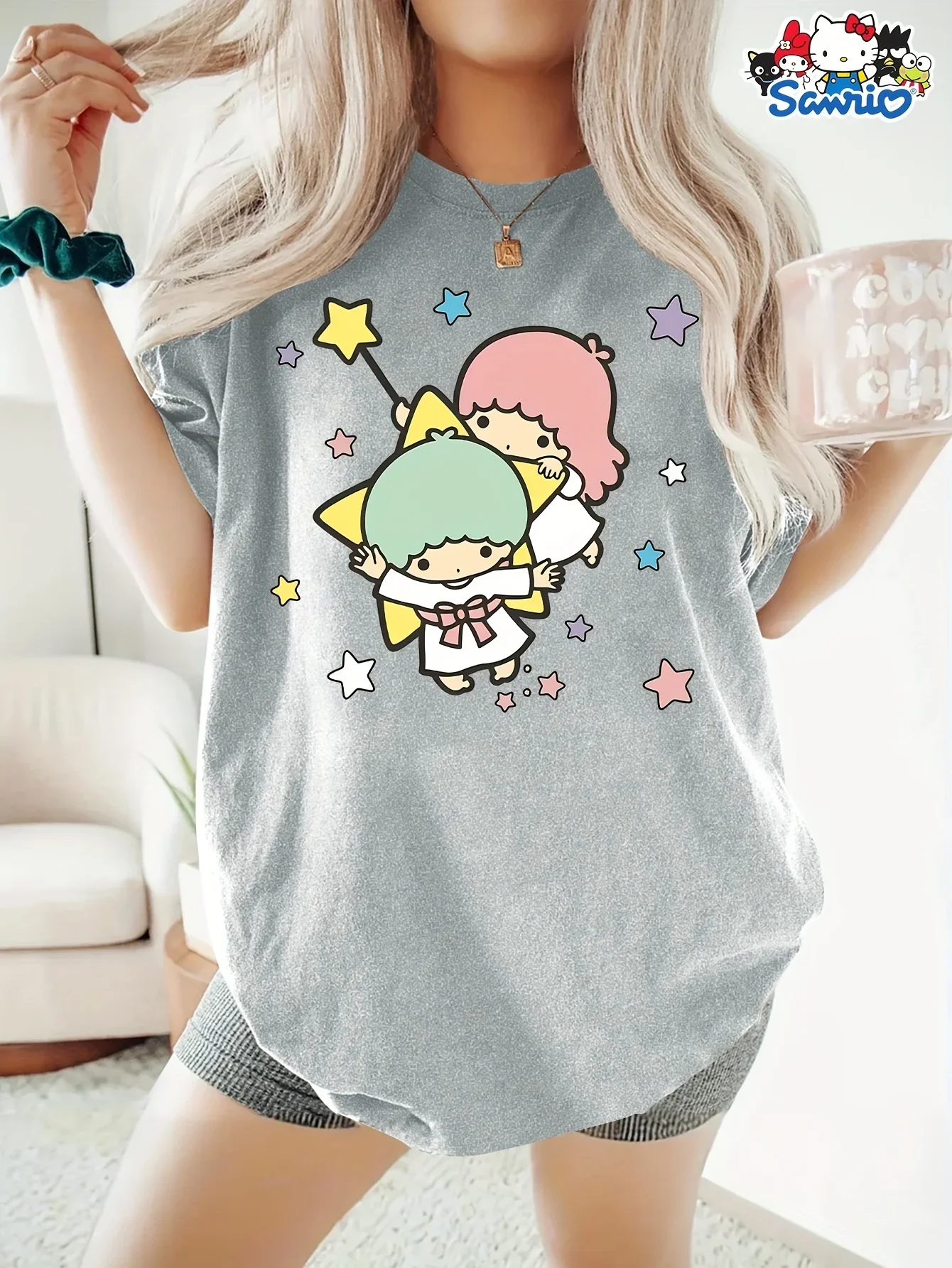 Miniso sanrio pequenas estrelas gêmeas camiseta dos homens dos desenhos animados camiseta o pescoço casual oversize manga curta solta streetwear moda topo