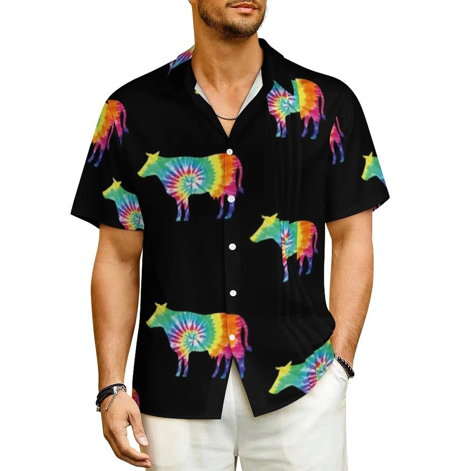 

Tie Dye Cow Beach Shirt Men Colorful Print Retro Y2K Casual Shirts Hawaiian Short Sleeve Fashion Design Oversized Blouses