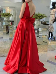 Customized A Line Red Women Evening Dresses Scoop Neck Back Bow Long Dresses Prom Party Gowns Vestido De Gala robes de soirée