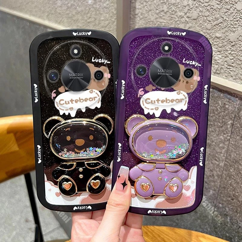 Bear Makeup Mirror Silicone Holder Phone Case For Huawei Honor X50 X50i X40 X30 X40i X20 X10 V30 V40 Magic 5 5Pro 5Lite 3 Cover