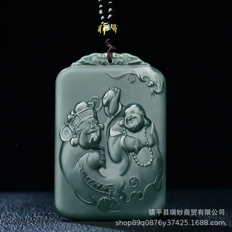 

Hetian Wealth Double Happiness Натуральное зеленое мужское ожерелье Нефритовый кулон