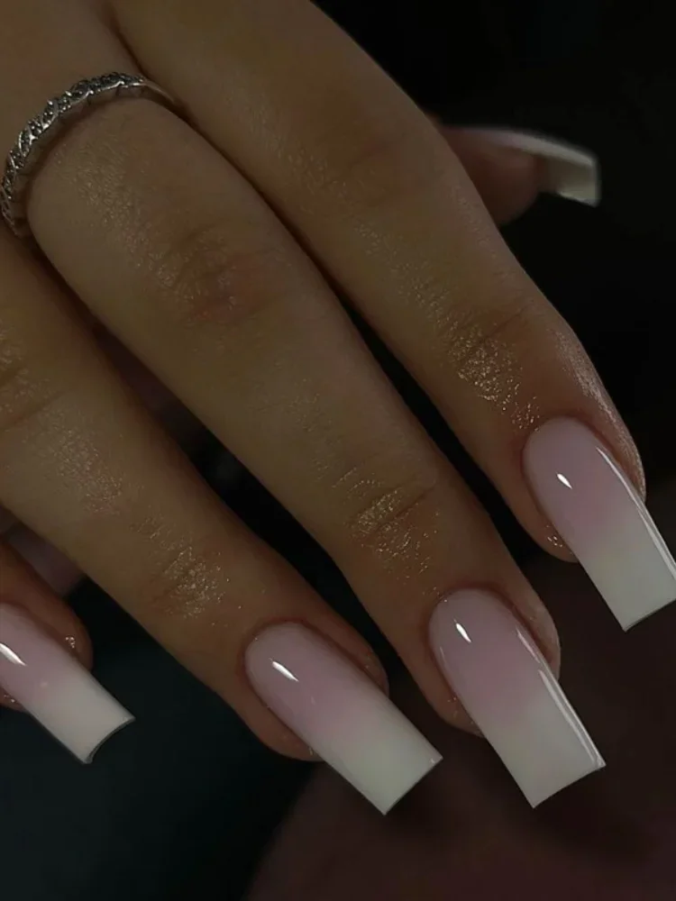 24 pièces français longueur moyenne rose blanc dégradé carré presse sur ongles acyrliques pour coller acrylique faux ongles ensemble doigt Nail Art