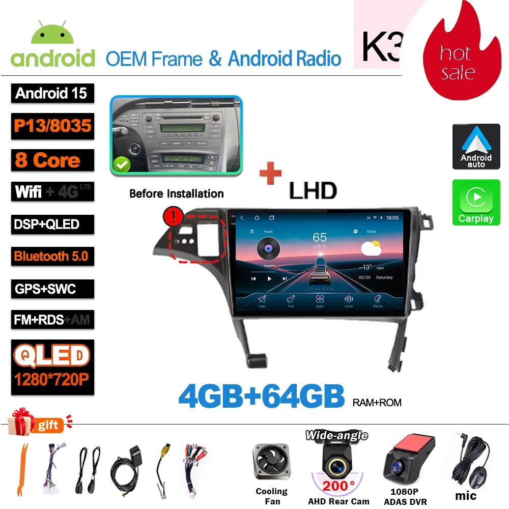 Android 16 autoradio, videomedia-speler, Carplay, GPS-navigatie voor Toyota Prius XW30 2009-2015