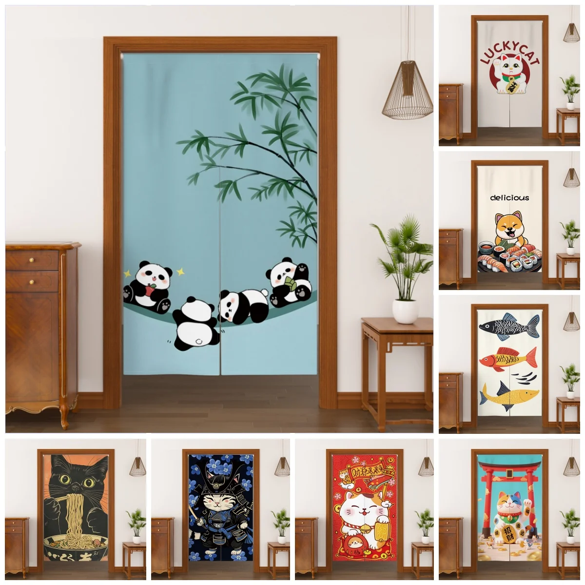 Japanese Split Door Curtains Lucky Cat Blackout Partition Hanging Half Curtain Home Kitchen Entrance Decor Curtains For Doors