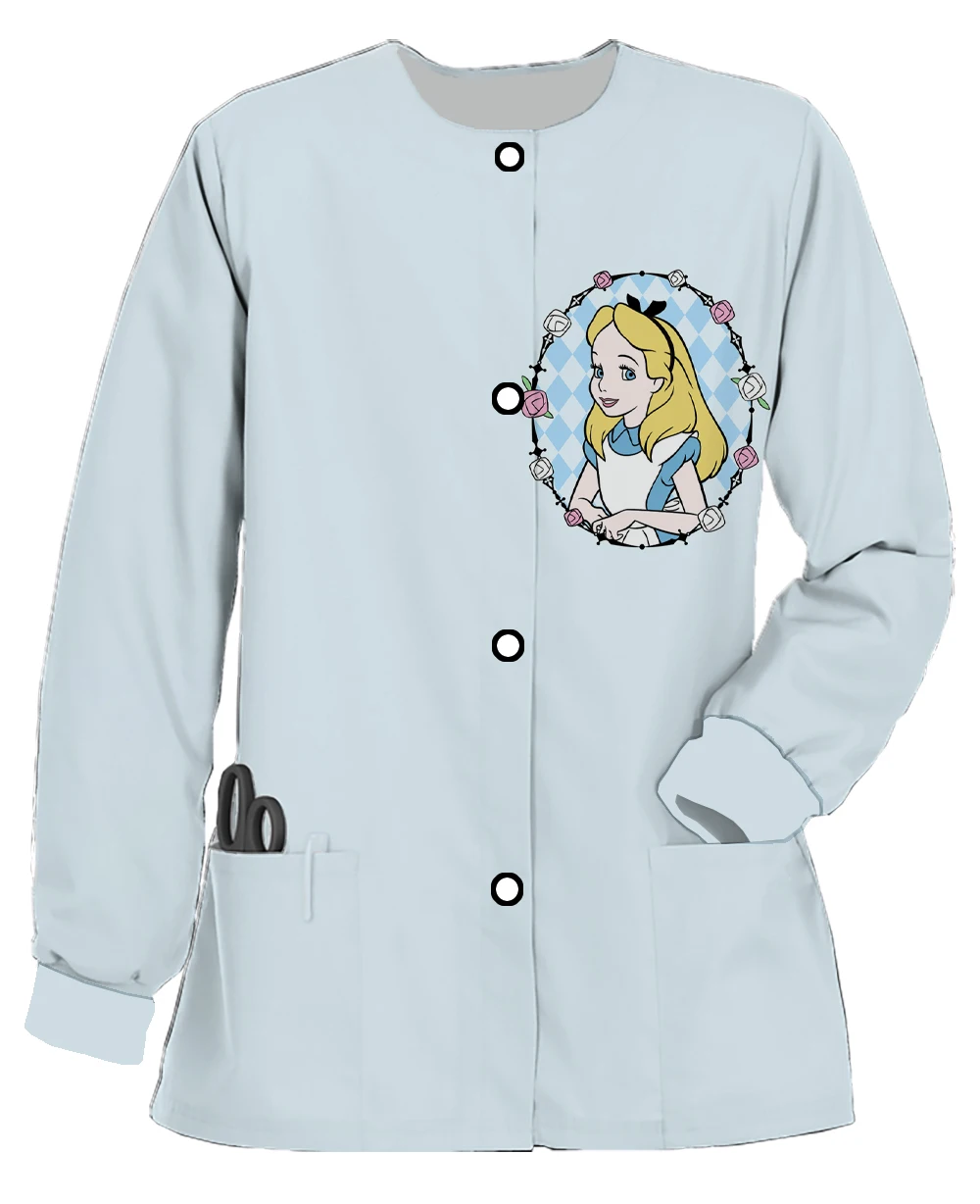 Alice women's work clothes, printed cardigans, Disney series, printed long-sleeved jackets, dental pet shop nursing clothes