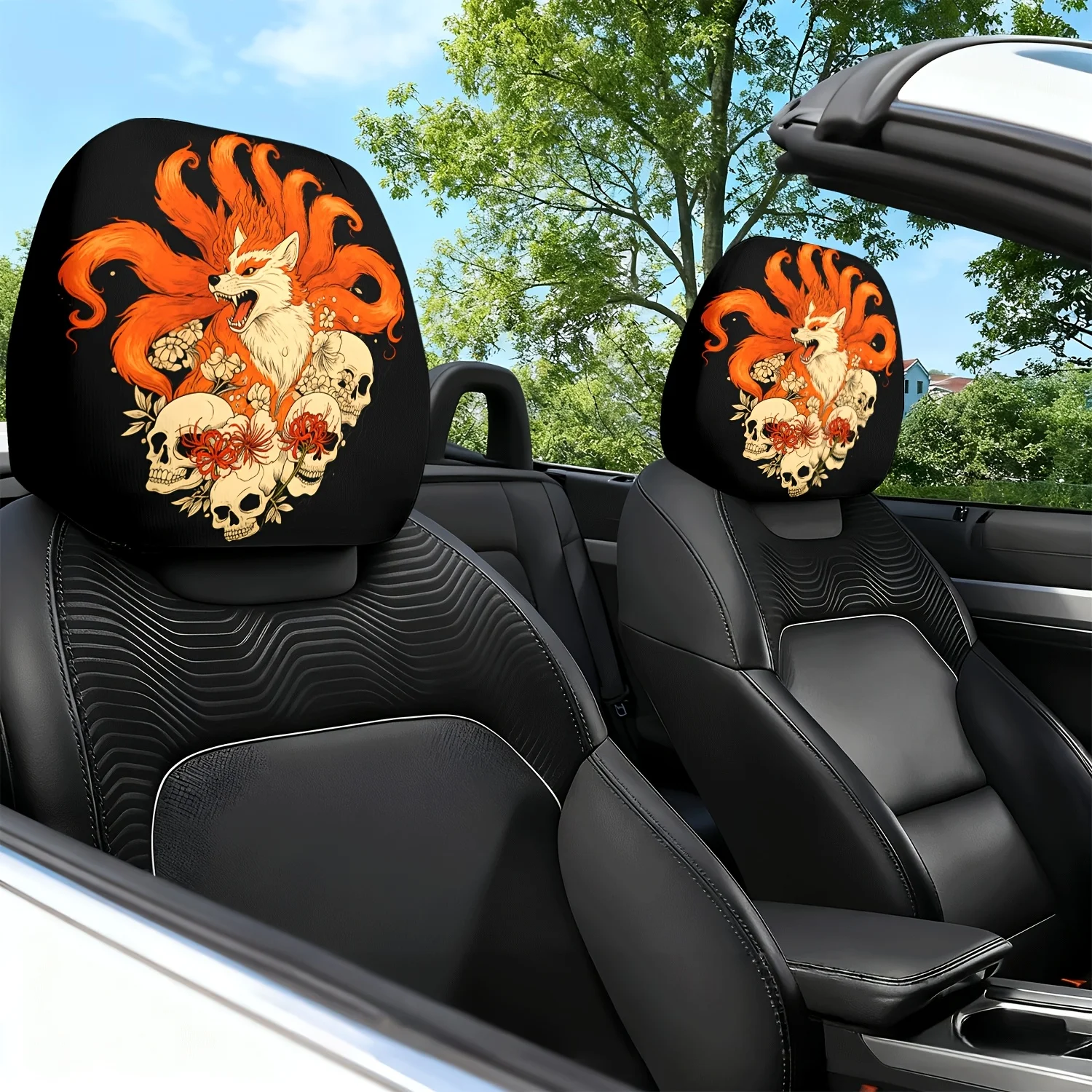 2pcs Car Headrest Covers with Nine-Tailed Fox and Skull Themed Print Pattern, Car Seat Cushion Headrest Neck Pillow Cover - Fe