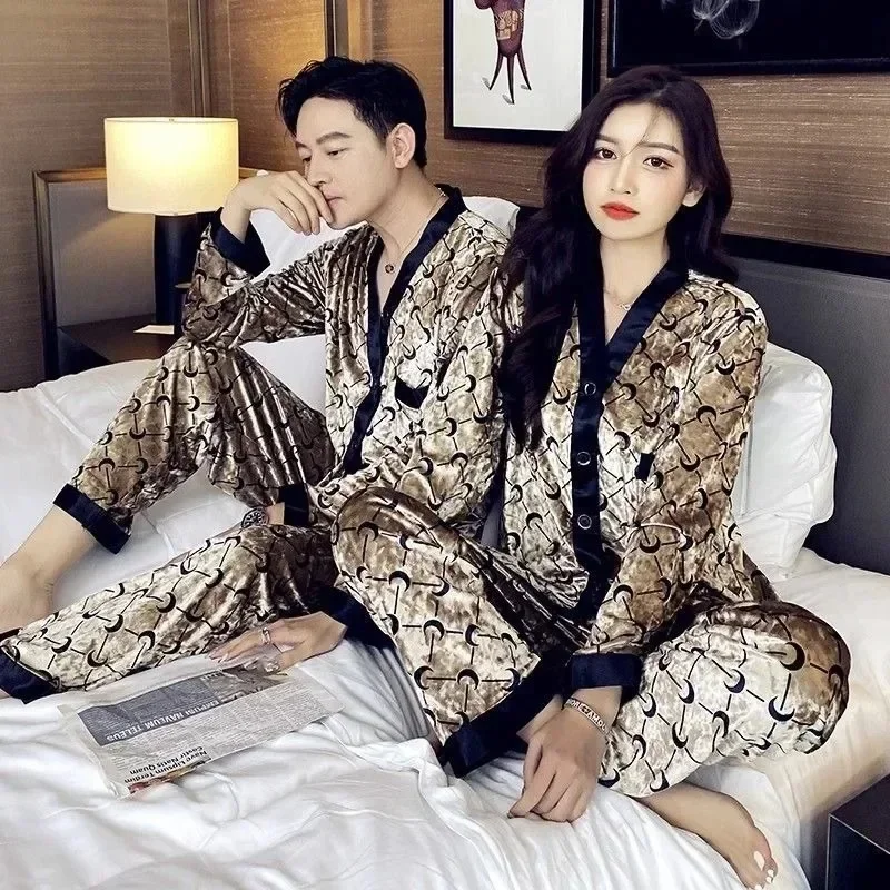 New Couple Pajamas Spring Autumn Men Gold Velvet Loungewear Women Thin Models Sleepwear Set Winter V-neck Loose Homewear Suit