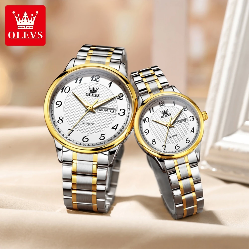 OLEVS 5667 Couple Watches Imported Movement Quartz Watches Waterproof Luminous Week Date Wristwatch For Couple Watch Gifts Reloj
