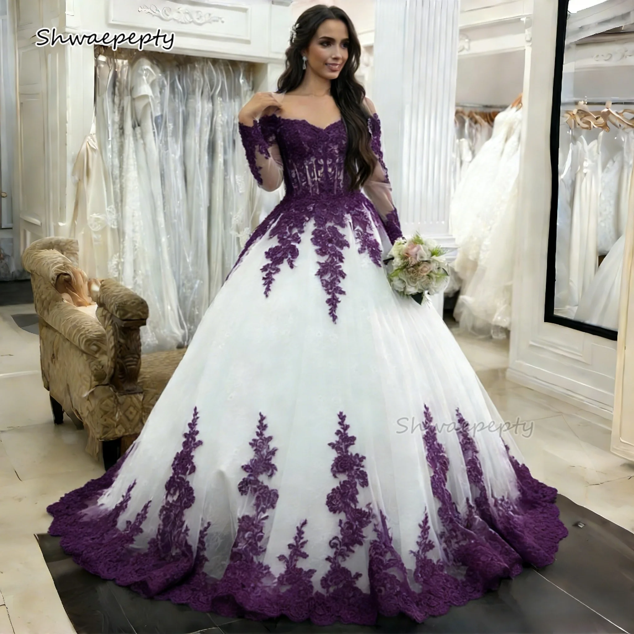 Vintage White And Purple Wedding Dress Long Sleeved Off-Shoulder Sweetheart Court Train Corset Bridal Gowns Customized