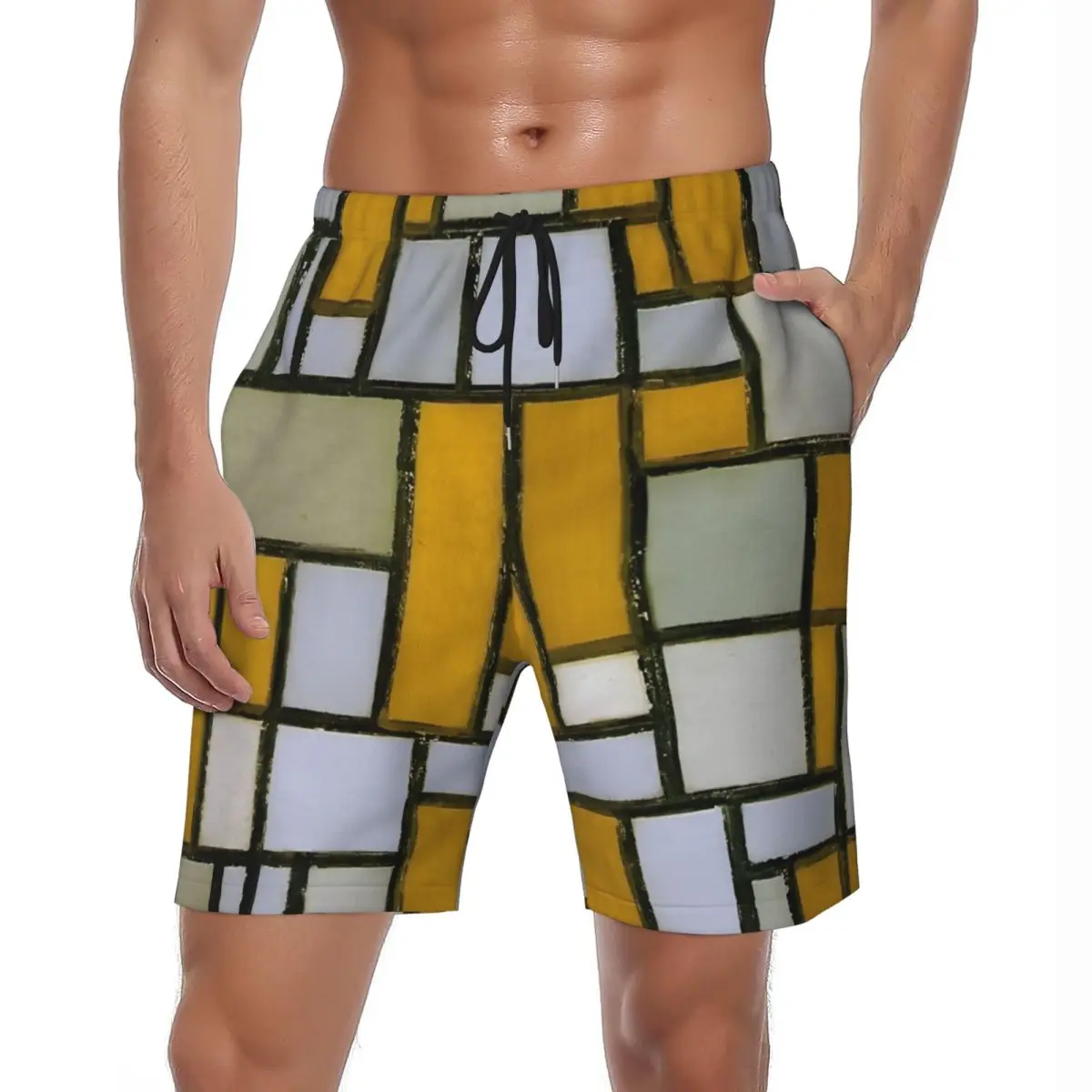 

Состав Piet Mondrian с серыми и светло-коричневыми шортами для доски, летние пляжные шорты, мужская спортивная одежда, плавки