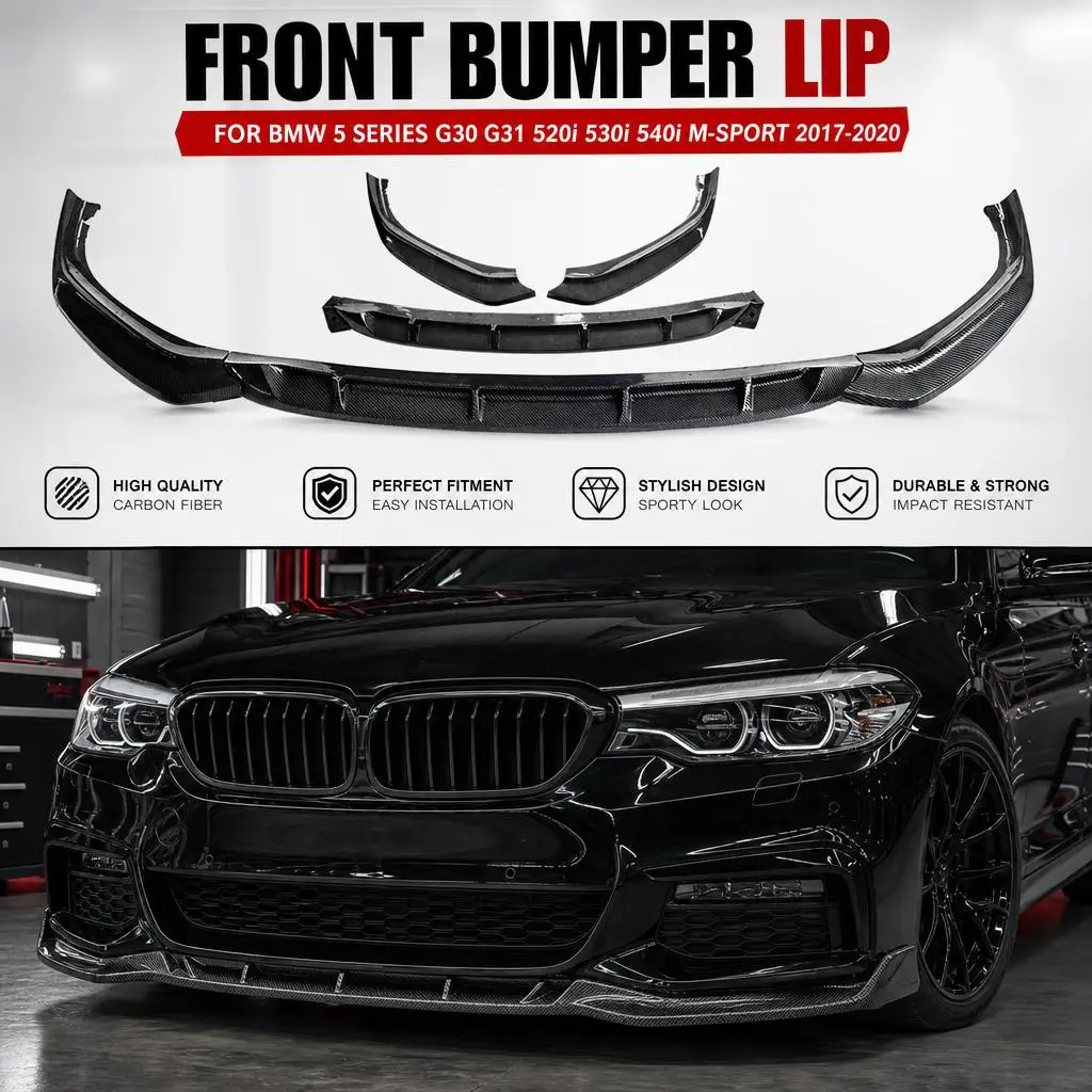 Für BMW 5er G30 G31 520i 530i 540i M-Sport 2017-2020 Frontstoßstangenlippe Spoiler Splitter Diffusor Karosseriekit Tuning Schürze Hochglanzschwarz Carbon-Optik ABS-Kunststoff M Performance-Stil Ersatz