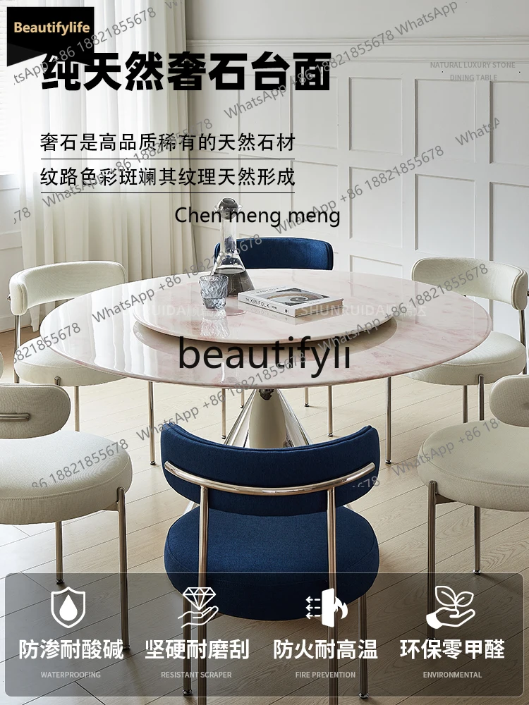 

GG Imported Pink Diamond Luxury Stone Dining Table Round Rose with Turntable Pure Natural Marble Dining Table