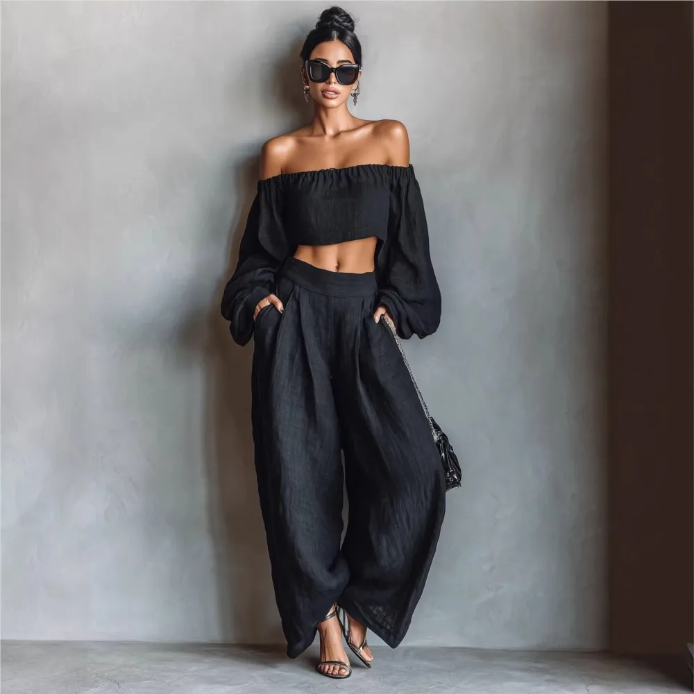 

One-piece Collar Off-shoulder Crop Top Wide-leg Pants Two-piece Summer Loose Women's Clothing Resort Solid Color Trousers Suit