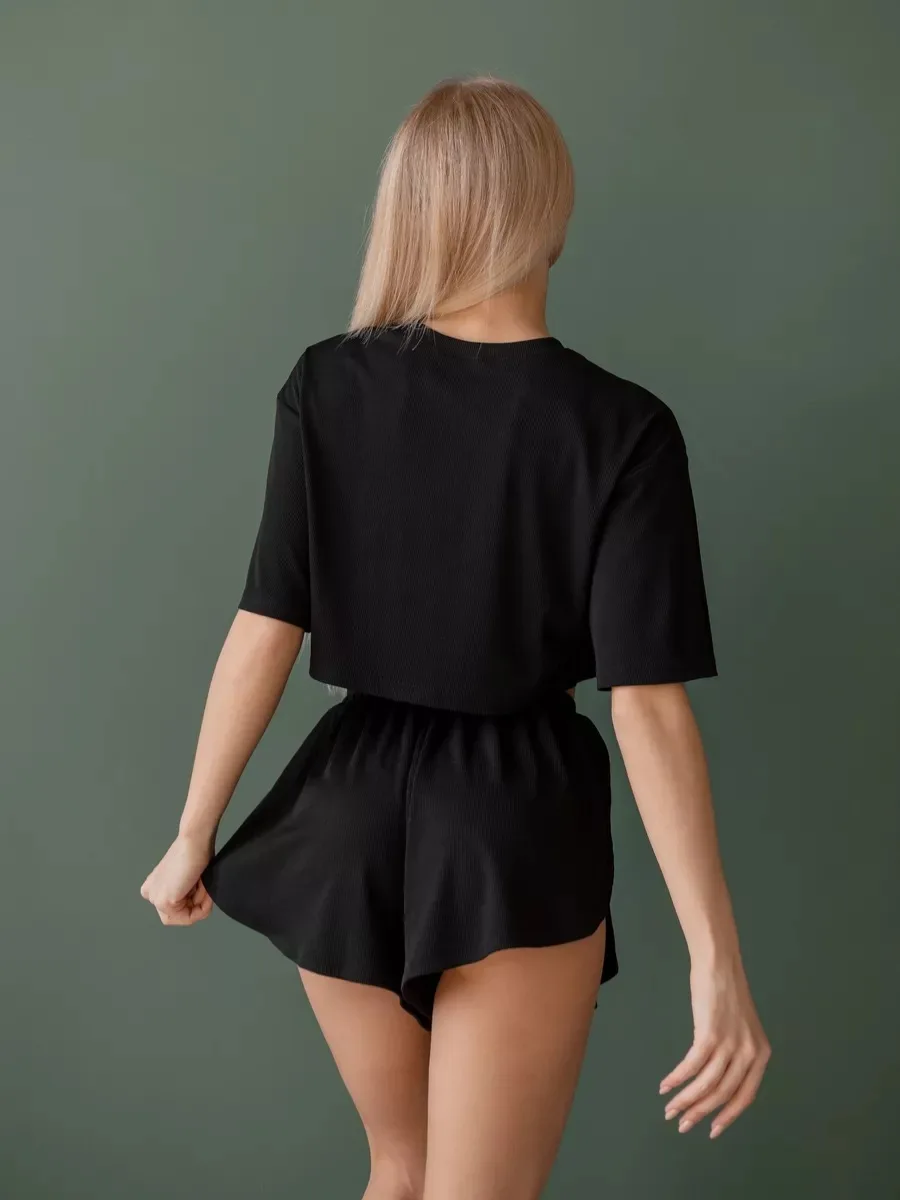 2026 Neues Sexy Damen-Pyjama-Set Kurzärmeliges T-Shirt Geteilte Shorts Pyjama 2-Teiliges Set Lässiger Rundhals Elastische Heimkleidung – Detail 6