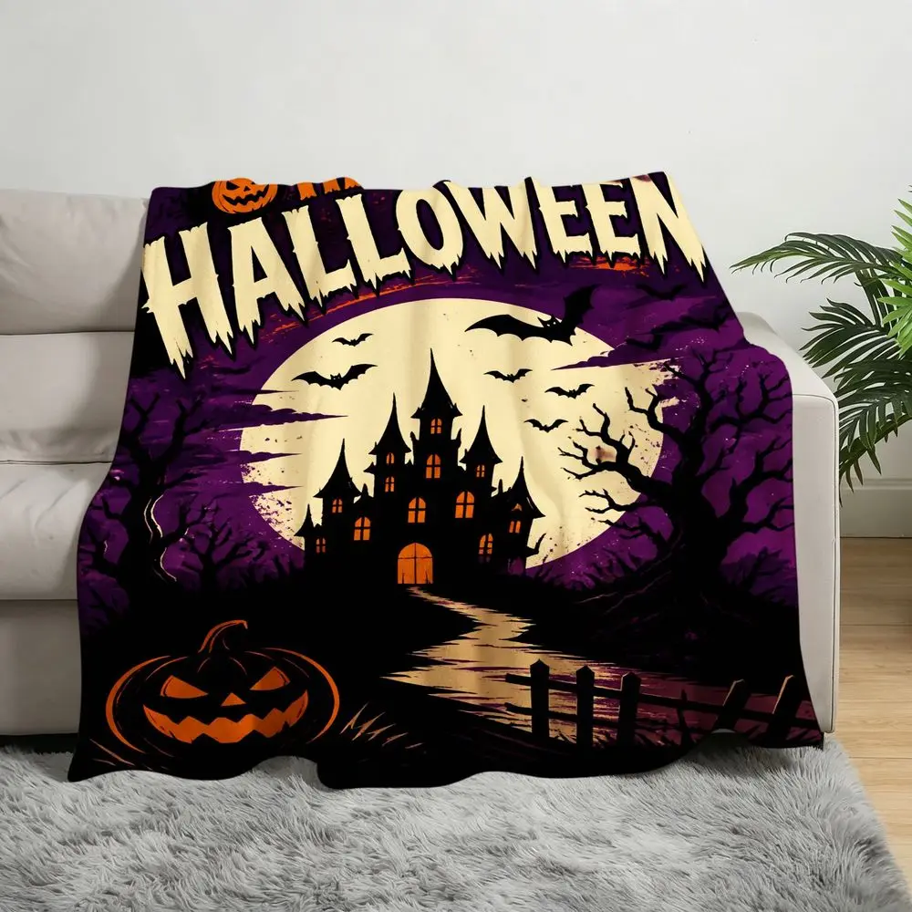 Halloween Haunted House Throw Blanket with Glowing Moon And Jack-O-Lantern Design, Soft Lightweight Fleece Blanket for Room, Living Room, Sofa, Couch, Travel And Holiday Home Decor, Perfect Spooky Gift for Friends And Family