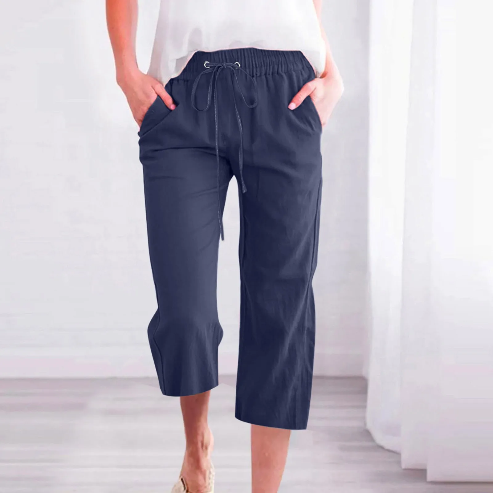 

Women’s Casual Cropped Pants Baggy Solid Trousers Drawstring Elastic Waist Pantalones Korean Fashion Straight Pockets Pants