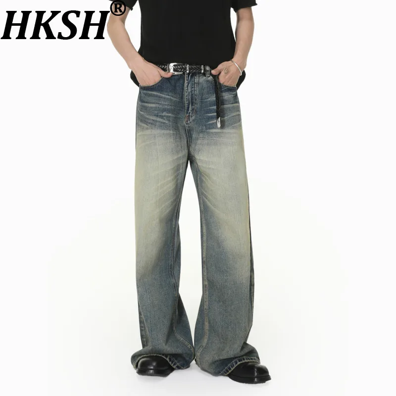 

HKSH Spring New Men Tide High Street Stylish Washed Patterned Unique Fashion Fit Vintage Wide-leg Jeans Chic Denim Pants HK21688