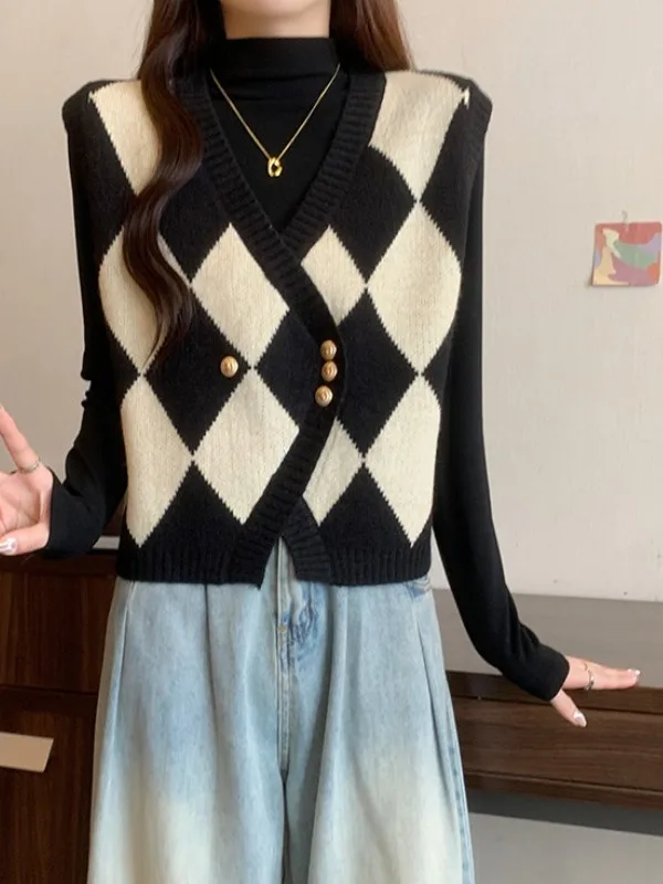 Geruit gebreid vest voor dames 2025 - Oversized mouwloos vest voor trendy herfst-winterlaag