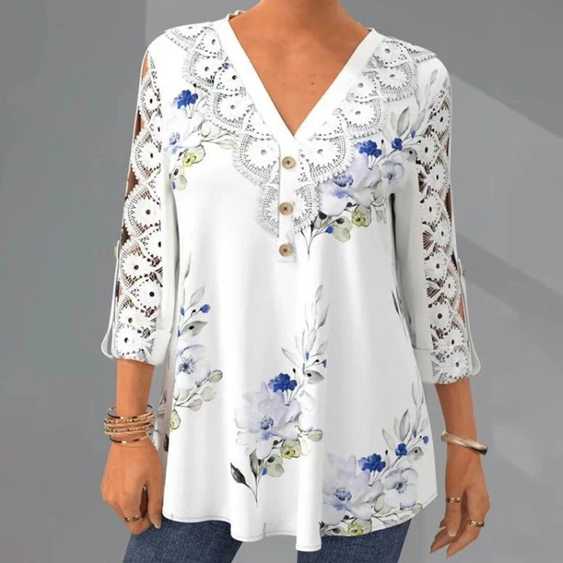 Fashion Summer Print Blouse with Lace Women Tops Casual V-neck Loose Half Sleeve Tops Hollow Out Shirt Clothes Blusas